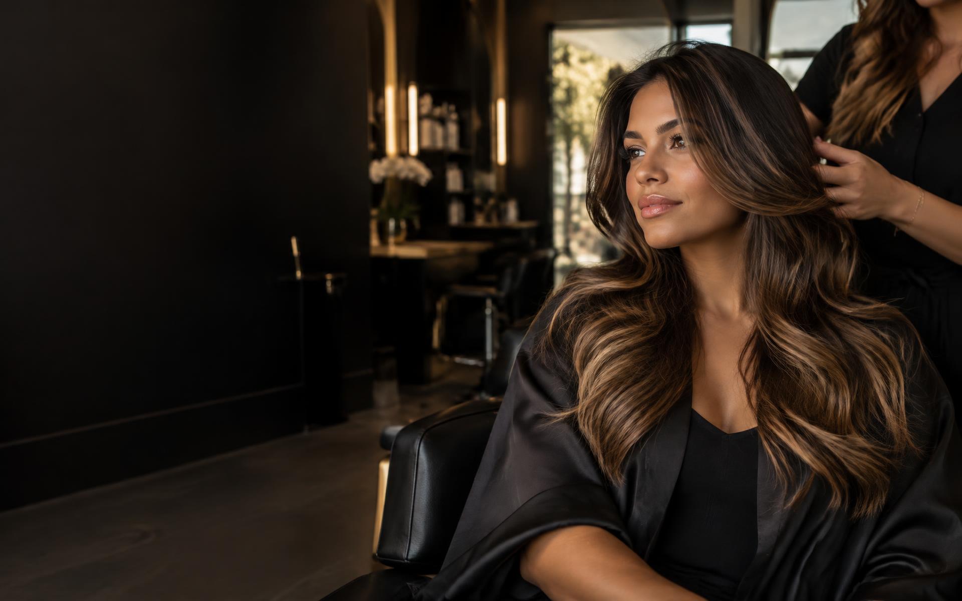 Client with dimensional brunette hair in a luxury salon chair